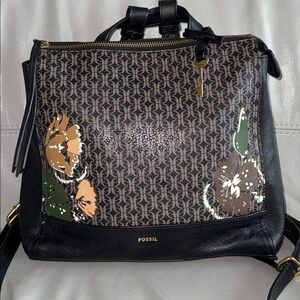 Fossil Black and Brown Patterned Leather Convertible Backpack Bag